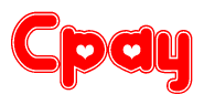 The image is a red and white graphic with the word Cpay written in a decorative script. Each letter in  is contained within its own outlined bubble-like shape. Inside each letter, there is a white heart symbol.