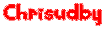 The image is a red and white graphic with the word Chrisudby written in a decorative script. Each letter in  is contained within its own outlined bubble-like shape. Inside each letter, there is a white heart symbol.