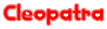 The image is a clipart featuring the word Cleopatra written in a stylized font with a heart shape replacing inserted into the center of each letter. The color scheme of the text and hearts is red with a light outline.