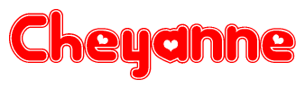 The image is a red and white graphic with the word Cheyanne written in a decorative script. Each letter in  is contained within its own outlined bubble-like shape. Inside each letter, there is a white heart symbol.