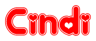 The image is a red and white graphic with the word Cindi written in a decorative script. Each letter in  is contained within its own outlined bubble-like shape. Inside each letter, there is a white heart symbol.