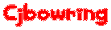 The image is a red and white graphic with the word Cjbowring written in a decorative script. Each letter in  is contained within its own outlined bubble-like shape. Inside each letter, there is a white heart symbol.