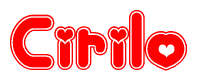 The image is a red and white graphic with the word Cirilo written in a decorative script. Each letter in  is contained within its own outlined bubble-like shape. Inside each letter, there is a white heart symbol.