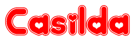 The image is a red and white graphic with the word Casilda written in a decorative script. Each letter in  is contained within its own outlined bubble-like shape. Inside each letter, there is a white heart symbol.