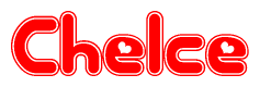 The image is a red and white graphic with the word Chelce written in a decorative script. Each letter in  is contained within its own outlined bubble-like shape. Inside each letter, there is a white heart symbol.
