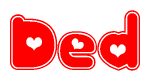 The image is a clipart featuring the word Ded written in a stylized font with a heart shape replacing inserted into the center of each letter. The color scheme of the text and hearts is red with a light outline.