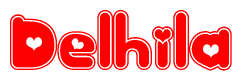 The image displays the word Delhila written in a stylized red font with hearts inside the letters.