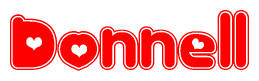 The image is a red and white graphic with the word Donnell written in a decorative script. Each letter in  is contained within its own outlined bubble-like shape. Inside each letter, there is a white heart symbol.