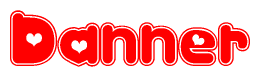 The image is a red and white graphic with the word Danner written in a decorative script. Each letter in  is contained within its own outlined bubble-like shape. Inside each letter, there is a white heart symbol.