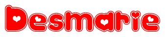 The image is a red and white graphic with the word Desmarie written in a decorative script. Each letter in  is contained within its own outlined bubble-like shape. Inside each letter, there is a white heart symbol.
