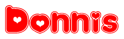 The image is a clipart featuring the word Donnis written in a stylized font with a heart shape replacing inserted into the center of each letter. The color scheme of the text and hearts is red with a light outline.