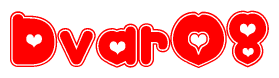 The image is a clipart featuring the word Dvar08 written in a stylized font with a heart shape replacing inserted into the center of each letter. The color scheme of the text and hearts is red with a light outline.
