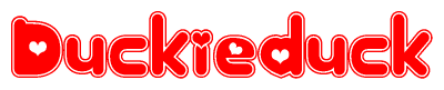 The image is a red and white graphic with the word Duckieduck written in a decorative script. Each letter in  is contained within its own outlined bubble-like shape. Inside each letter, there is a white heart symbol.