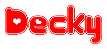 The image is a red and white graphic with the word Decky written in a decorative script. Each letter in  is contained within its own outlined bubble-like shape. Inside each letter, there is a white heart symbol.