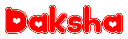 The image is a red and white graphic with the word Daksha written in a decorative script. Each letter in  is contained within its own outlined bubble-like shape. Inside each letter, there is a white heart symbol.
