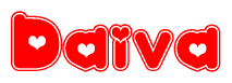 The image is a red and white graphic with the word Daiva written in a decorative script. Each letter in  is contained within its own outlined bubble-like shape. Inside each letter, there is a white heart symbol.