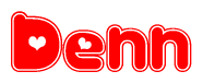 The image is a clipart featuring the word Denn written in a stylized font with a heart shape replacing inserted into the center of each letter. The color scheme of the text and hearts is red with a light outline.