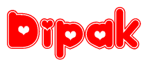 The image is a red and white graphic with the word Dipak written in a decorative script. Each letter in  is contained within its own outlined bubble-like shape. Inside each letter, there is a white heart symbol.