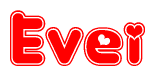 The image is a red and white graphic with the word Evei written in a decorative script. Each letter in  is contained within its own outlined bubble-like shape. Inside each letter, there is a white heart symbol.