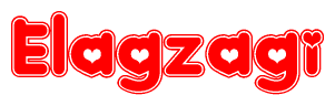 The image is a red and white graphic with the word Elagzagi written in a decorative script. Each letter in  is contained within its own outlined bubble-like shape. Inside each letter, there is a white heart symbol.
