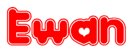 The image is a clipart featuring the word Ewan written in a stylized font with a heart shape replacing inserted into the center of each letter. The color scheme of the text and hearts is red with a light outline.