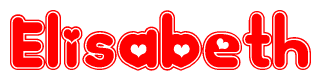 The image is a red and white graphic with the word Elisabeth written in a decorative script. Each letter in  is contained within its own outlined bubble-like shape. Inside each letter, there is a white heart symbol.