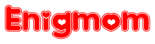The image is a clipart featuring the word Enigmom written in a stylized font with a heart shape replacing inserted into the center of each letter. The color scheme of the text and hearts is red with a light outline.