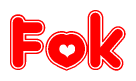 The image is a clipart featuring the word Fok written in a stylized font with a heart shape replacing inserted into the center of each letter. The color scheme of the text and hearts is red with a light outline.