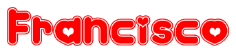 The image is a red and white graphic with the word Francisco written in a decorative script. Each letter in  is contained within its own outlined bubble-like shape. Inside each letter, there is a white heart symbol.