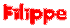 The image is a red and white graphic with the word Filippe written in a decorative script. Each letter in  is contained within its own outlined bubble-like shape. Inside each letter, there is a white heart symbol.