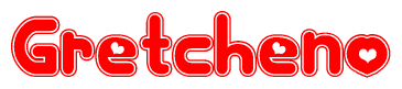 The image is a red and white graphic with the word Gretcheno written in a decorative script. Each letter in  is contained within its own outlined bubble-like shape. Inside each letter, there is a white heart symbol.