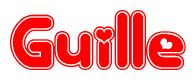 The image is a red and white graphic with the word Guille written in a decorative script. Each letter in  is contained within its own outlined bubble-like shape. Inside each letter, there is a white heart symbol.