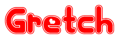 The image is a red and white graphic with the word Gretch written in a decorative script. Each letter in  is contained within its own outlined bubble-like shape. Inside each letter, there is a white heart symbol.
