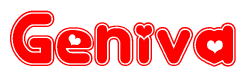 The image is a red and white graphic with the word Geniva written in a decorative script. Each letter in  is contained within its own outlined bubble-like shape. Inside each letter, there is a white heart symbol.