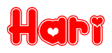 The image is a red and white graphic with the word Hari written in a decorative script. Each letter in  is contained within its own outlined bubble-like shape. Inside each letter, there is a white heart symbol.
