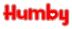 The image is a red and white graphic with the word Humby written in a decorative script. Each letter in  is contained within its own outlined bubble-like shape. Inside each letter, there is a white heart symbol.