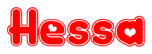 The image is a red and white graphic with the word Hessa written in a decorative script. Each letter in  is contained within its own outlined bubble-like shape. Inside each letter, there is a white heart symbol.