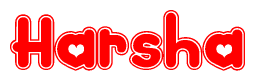 The image is a clipart featuring the word Harsha written in a stylized font with a heart shape replacing inserted into the center of each letter. The color scheme of the text and hearts is red with a light outline.