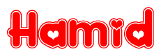 The image is a clipart featuring the word Hamid written in a stylized font with a heart shape replacing inserted into the center of each letter. The color scheme of the text and hearts is red with a light outline.