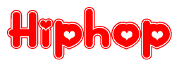 The image is a clipart featuring the word Hiphop written in a stylized font with a heart shape replacing inserted into the center of each letter. The color scheme of the text and hearts is red with a light outline.