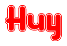 The image is a clipart featuring the word Huy written in a stylized font with a heart shape replacing inserted into the center of each letter. The color scheme of the text and hearts is red with a light outline.