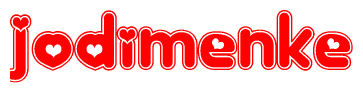 The image is a clipart featuring the word Jodimenke written in a stylized font with a heart shape replacing inserted into the center of each letter. The color scheme of the text and hearts is red with a light outline.