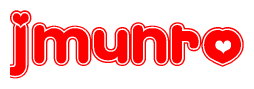 The image is a clipart featuring the word Jmunro written in a stylized font with a heart shape replacing inserted into the center of each letter. The color scheme of the text and hearts is red with a light outline.