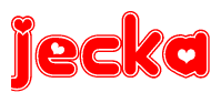 The image is a red and white graphic with the word Jecka written in a decorative script. Each letter in  is contained within its own outlined bubble-like shape. Inside each letter, there is a white heart symbol.