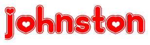 The image is a red and white graphic with the word Johnston written in a decorative script. Each letter in  is contained within its own outlined bubble-like shape. Inside each letter, there is a white heart symbol.