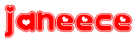 The image is a red and white graphic with the word Janeece written in a decorative script. Each letter in  is contained within its own outlined bubble-like shape. Inside each letter, there is a white heart symbol.