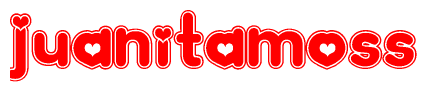 The image is a red and white graphic with the word Juanitamoss written in a decorative script. Each letter in  is contained within its own outlined bubble-like shape. Inside each letter, there is a white heart symbol.