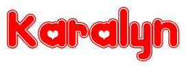 The image is a red and white graphic with the word Karalyn written in a decorative script. Each letter in  is contained within its own outlined bubble-like shape. Inside each letter, there is a white heart symbol.