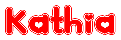 The image is a red and white graphic with the word Kathia written in a decorative script. Each letter in  is contained within its own outlined bubble-like shape. Inside each letter, there is a white heart symbol.