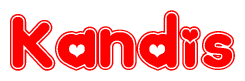 The image is a red and white graphic with the word Kandis written in a decorative script. Each letter in  is contained within its own outlined bubble-like shape. Inside each letter, there is a white heart symbol.